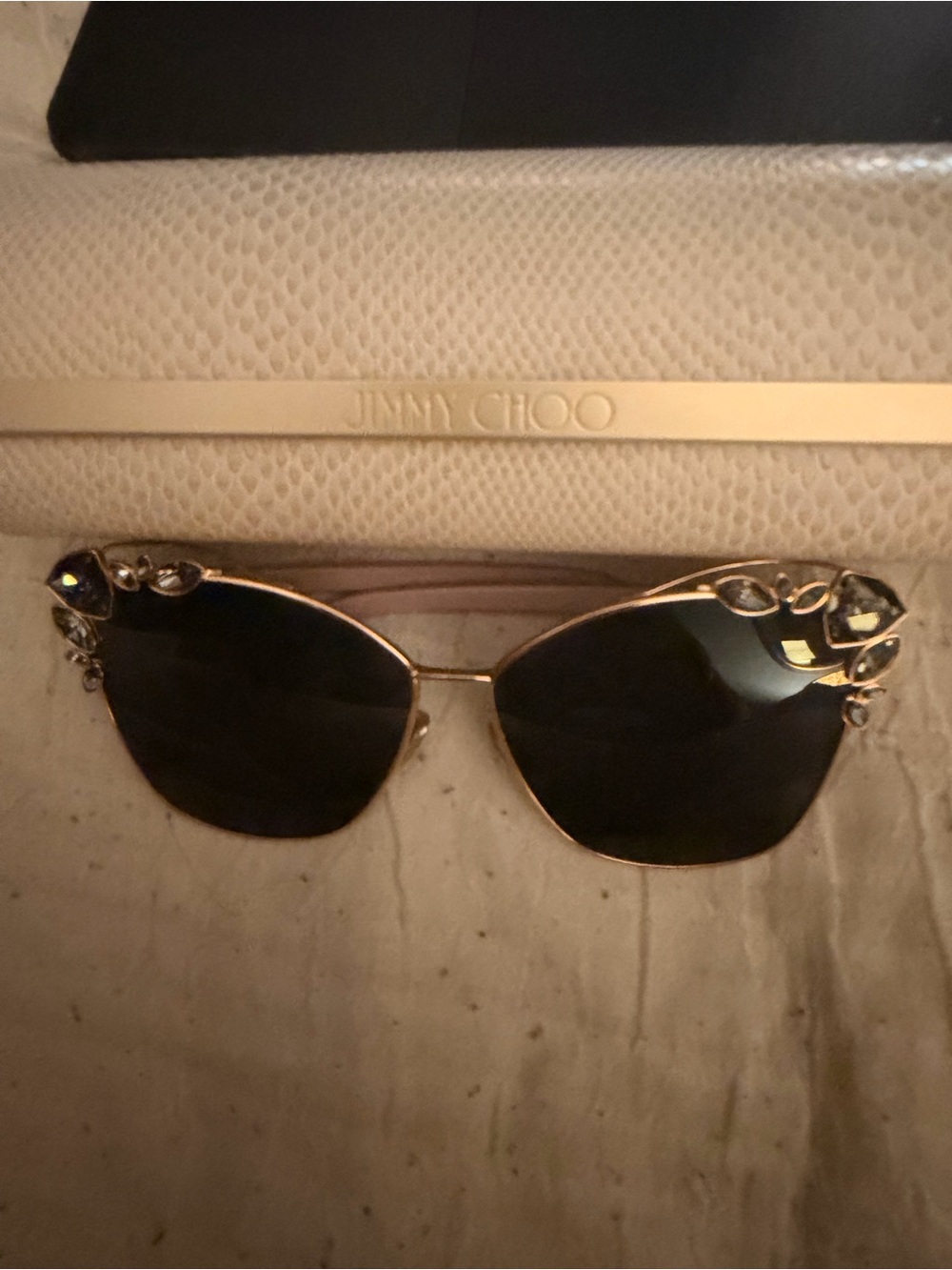 Jimmy Choo Gold Frame Black Lens Sunglasses with Crystal Accents